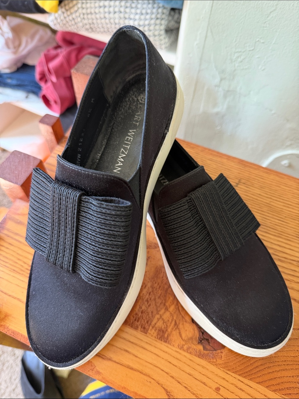 Stuart Weitzman Black Slip-On Sneakers with Ribbon Detail